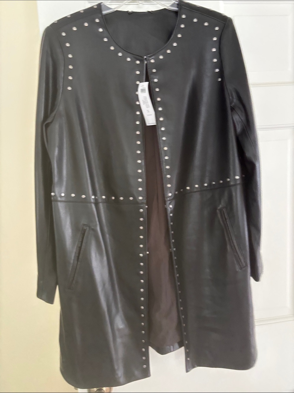 Chico's Black Studded Faux Leather Long Jacket